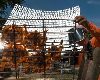 Тайский продавец уличной еды готовит курицу с помощью солнечных лучей